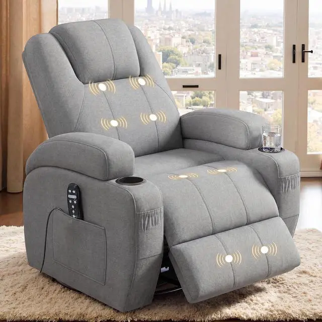 Main image of Swivel Rocker Recliner Chair with Vibration Massage, 360° Swivel Recliner Chairs for Adults Ergonomic Lounge Chair with Cup Holders Lazy Boy Recliner Single Sofa Seat (Fabric, Gray)