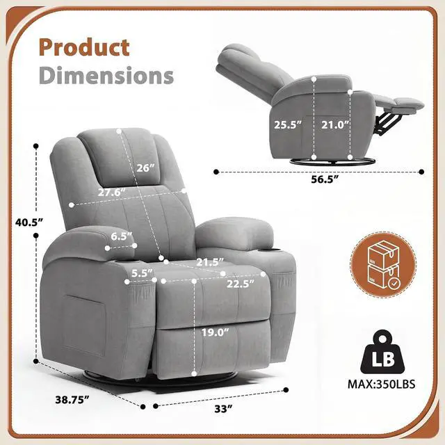 Alt view image 2 of 7 - Swivel Rocker Recliner Chair with Vibration Massage, 360° Swivel Recliner Chairs for Adults Ergonomic Lounge Chair with Cup Holders Lazy Boy Recliner Single Sofa Seat (Fabric, Gray)