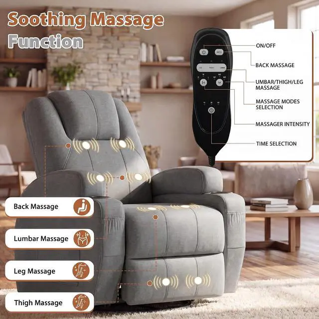 Alt view image 4 of 7 - Swivel Rocker Recliner Chair with Vibration Massage, 360° Swivel Recliner Chairs for Adults Ergonomic Lounge Chair with Cup Holders Lazy Boy Recliner Single Sofa Seat (Fabric, Gray)