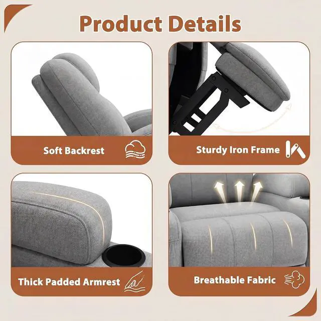 Alt view image 6 of 7 - Swivel Rocker Recliner Chair with Vibration Massage, 360° Swivel Recliner Chairs for Adults Ergonomic Lounge Chair with Cup Holders Lazy Boy Recliner Single Sofa Seat (Fabric, Gray)