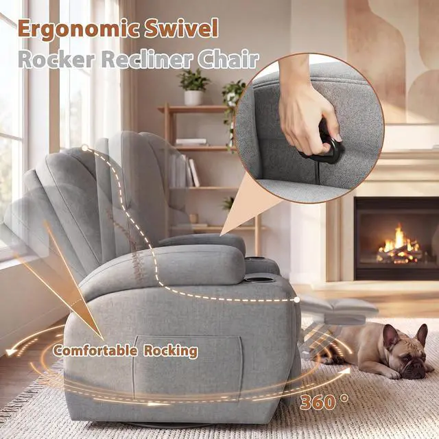 Alt view image 5 of 7 - Swivel Rocker Recliner Chair with Vibration Massage, 360° Swivel Recliner Chairs for Adults Ergonomic Lounge Chair with Cup Holders Lazy Boy Recliner Single Sofa Seat (Fabric, Gray)