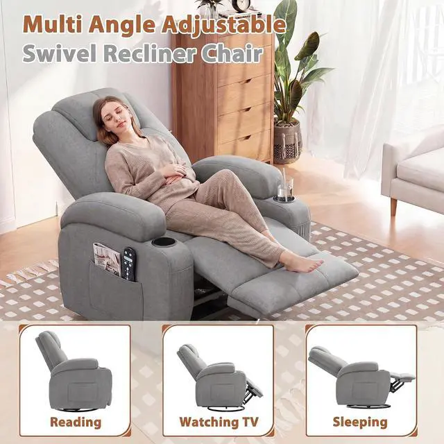 Alt view image 3 of 7 - Swivel Rocker Recliner Chair with Vibration Massage, 360° Swivel Recliner Chairs for Adults Ergonomic Lounge Chair with Cup Holders Lazy Boy Recliner Single Sofa Seat (Fabric, Gray)