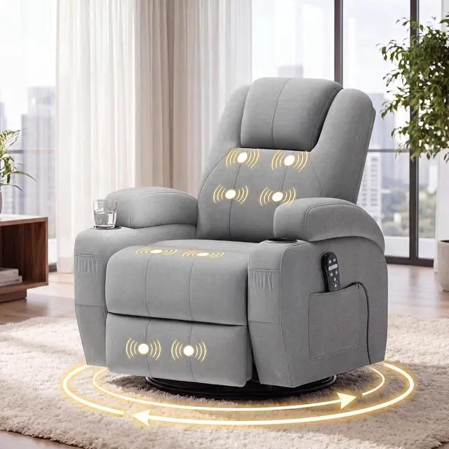 Alt view image 7 of 7 - Swivel Rocker Recliner Chair with Vibration Massage, 360° Swivel Recliner Chairs for Adults Ergonomic Lounge Chair with Cup Holders Lazy Boy Recliner Single Sofa Seat (Fabric, Gray)