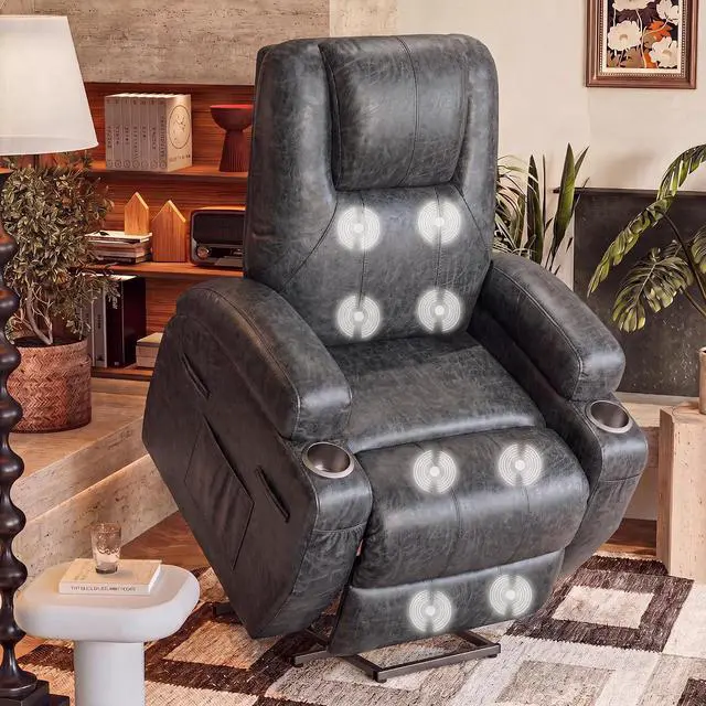Main image of Electric Power Lift Recliner Chair with Massage for Elderly Corduroy Fabric Recliner Single Sofa with Cup Holders, Side Pockets and Remote Control for Living Room Bedroom (Leathaire, Dark Gray)