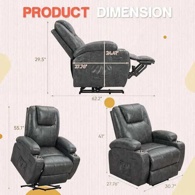 Alt view image 2 of 7 - Electric Power Lift Recliner Chair with Massage for Elderly Corduroy Fabric Recliner Single Sofa with Cup Holders, Side Pockets and Remote Control for Living Room Bedroom (Leathaire, Dark Gray)