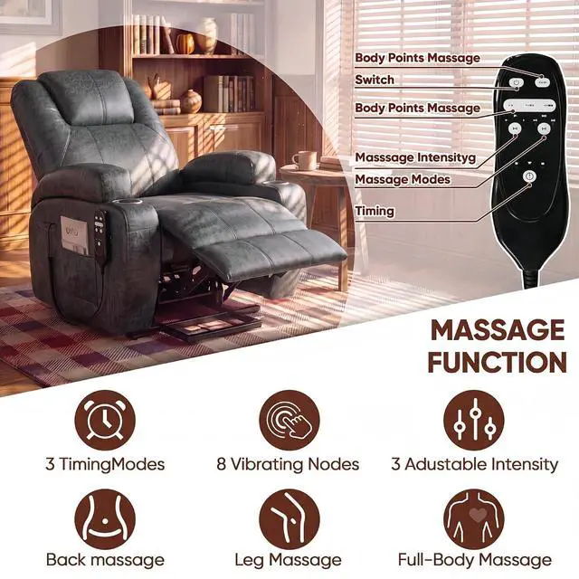 Alt view image 3 of 7 - Electric Power Lift Recliner Chair with Massage for Elderly Corduroy Fabric Recliner Single Sofa with Cup Holders, Side Pockets and Remote Control for Living Room Bedroom (Leathaire, Dark Gray)