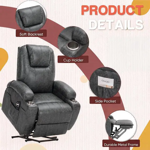 Alt view image 5 of 7 - Electric Power Lift Recliner Chair with Massage for Elderly Corduroy Fabric Recliner Single Sofa with Cup Holders, Side Pockets and Remote Control for Living Room Bedroom (Leathaire, Dark Gray)