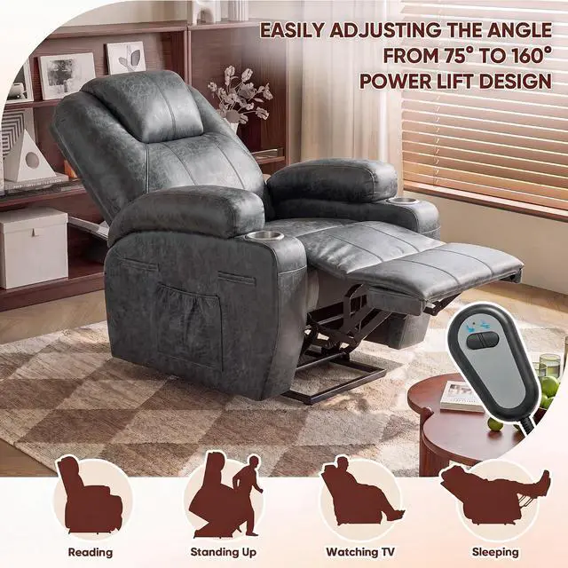 Alt view image 4 of 7 - Electric Power Lift Recliner Chair with Massage for Elderly Corduroy Fabric Recliner Single Sofa with Cup Holders, Side Pockets and Remote Control for Living Room Bedroom (Leathaire, Dark Gray)