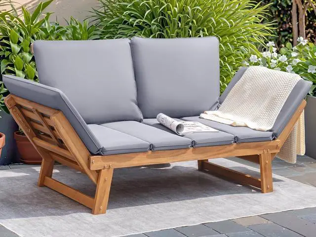 Main image of Outdoor Couch Acacia Wood Patio Couch with Adjustable Armrests, Outdoor Convertible Sofa with Removable Cushions & Pillows for Patio, Porch, Poolside(Grey)