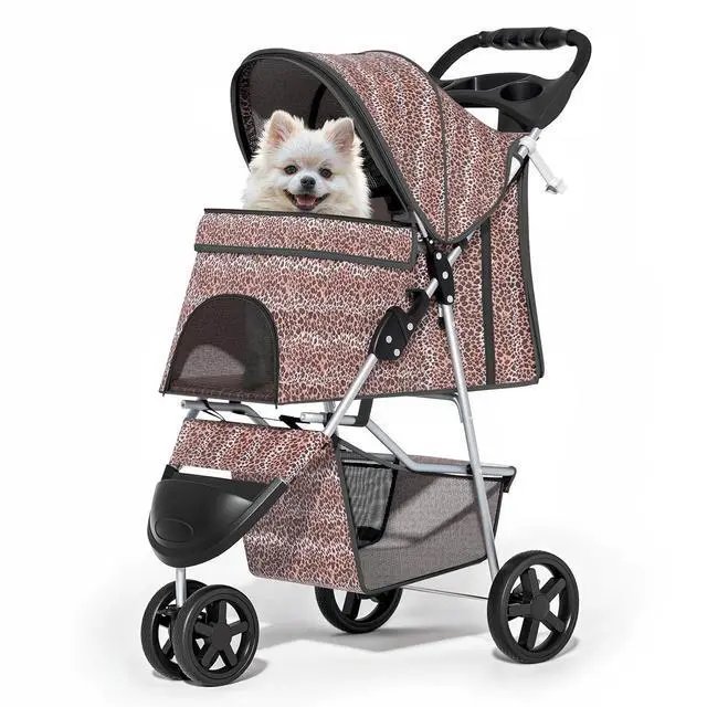 Main image of 3 Wheels Pet Dog Cat Stroller for Small Medium Dogs Cats, Lightweight Foldable Jogger Stroller w/Storage Basket & Cup Holder, Leopard Print