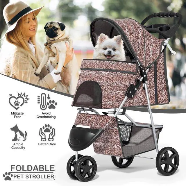 Alt view image 2 of 7 - 3 Wheels Pet Dog Cat Stroller for Small Medium Dogs Cats, Lightweight Foldable Jogger Stroller w/Storage Basket & Cup Holder, Leopard Print