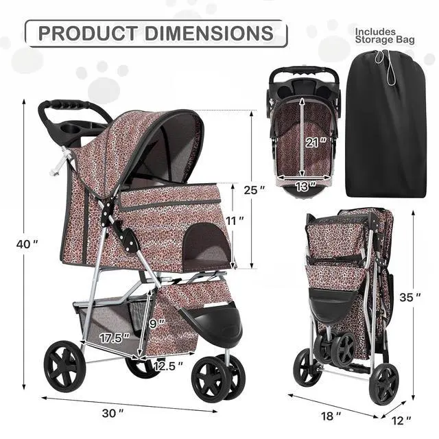 Alt view image 3 of 7 - 3 Wheels Pet Dog Cat Stroller for Small Medium Dogs Cats, Lightweight Foldable Jogger Stroller w/Storage Basket & Cup Holder, Leopard Print