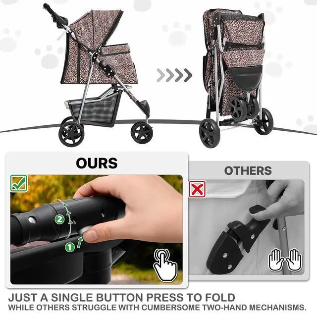 Alt view image 6 of 7 - 3 Wheels Pet Dog Cat Stroller for Small Medium Dogs Cats, Lightweight Foldable Jogger Stroller w/Storage Basket & Cup Holder, Leopard Print
