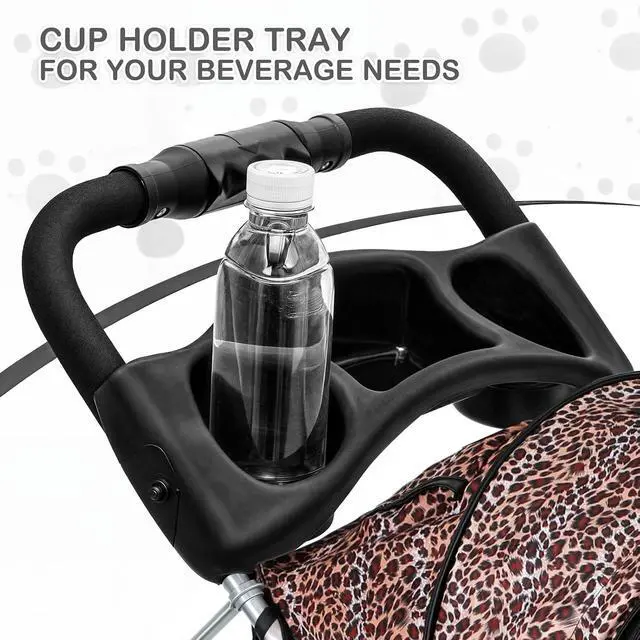 Alt view image 5 of 7 - 3 Wheels Pet Dog Cat Stroller for Small Medium Dogs Cats, Lightweight Foldable Jogger Stroller w/Storage Basket & Cup Holder, Leopard Print