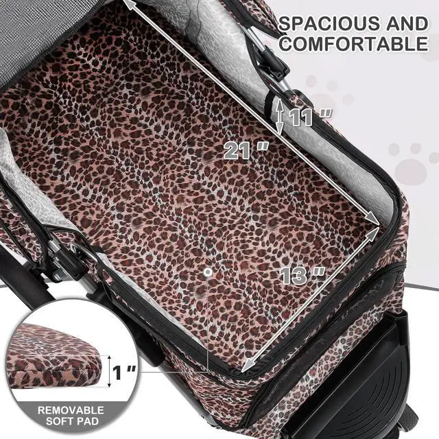 Alt view image 4 of 7 - 3 Wheels Pet Dog Cat Stroller for Small Medium Dogs Cats, Lightweight Foldable Jogger Stroller w/Storage Basket & Cup Holder, Leopard Print