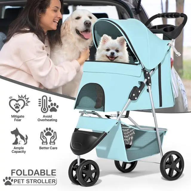Alt view image 2 of 7 - 3 Wheels Pet Dog Cat Stroller for Small Medium Dogs Cats, Lightweight Foldable Jogger Stroller w/Storage Basket and Cup Holder, Mint Green
