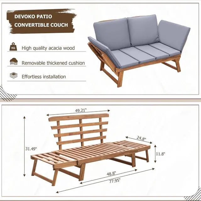 Alt view image 2 of 7 - Outdoor Couch Acacia Wood Patio Couch with Adjustable Armrests, Outdoor Convertible Sofa with Removable Cushions & Pillows for Patio, Porch, Poolside(Grey)
