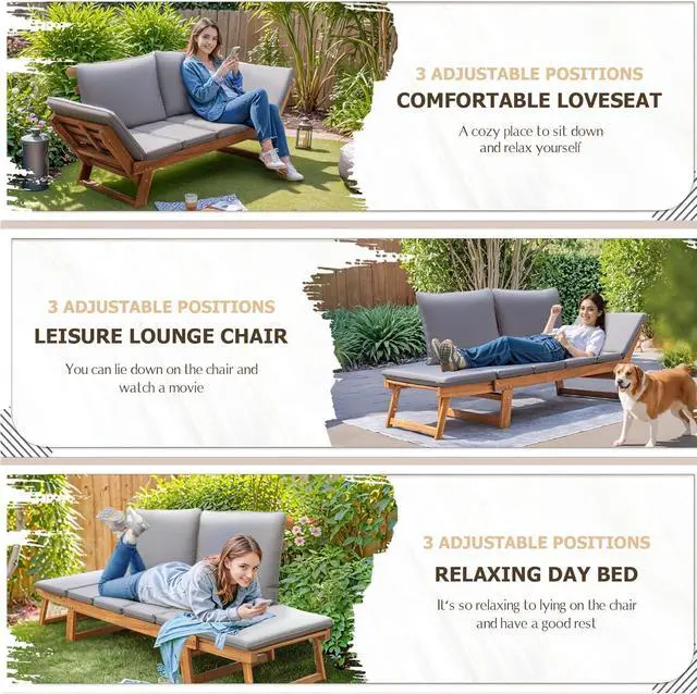 Alt view image 3 of 7 - Outdoor Couch Acacia Wood Patio Couch with Adjustable Armrests, Outdoor Convertible Sofa with Removable Cushions & Pillows for Patio, Porch, Poolside(Grey)