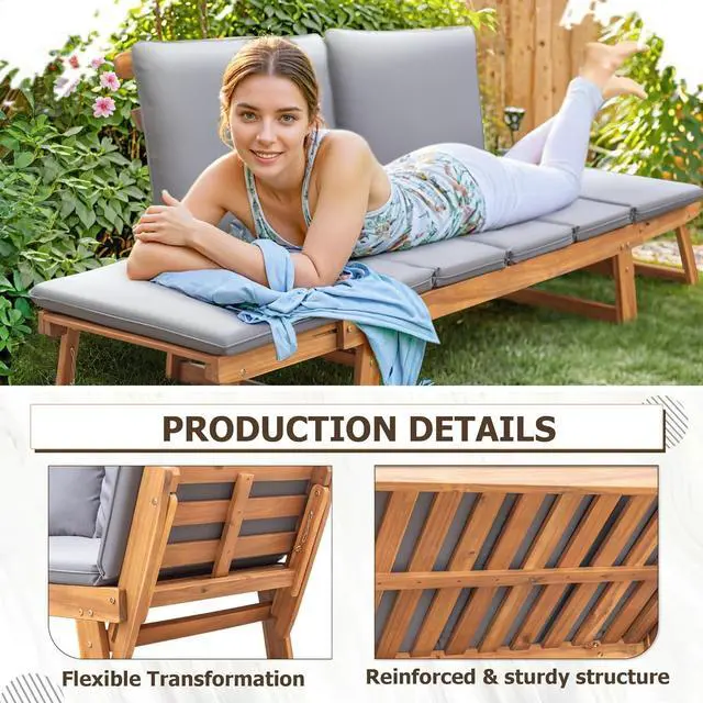 Alt view image 4 of 7 - Outdoor Couch Acacia Wood Patio Couch with Adjustable Armrests, Outdoor Convertible Sofa with Removable Cushions & Pillows for Patio, Porch, Poolside(Grey)