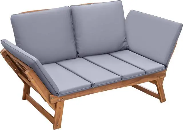 Alt view image 7 of 7 - Outdoor Couch Acacia Wood Patio Couch with Adjustable Armrests, Outdoor Convertible Sofa with Removable Cushions & Pillows for Patio, Porch, Poolside(Grey)