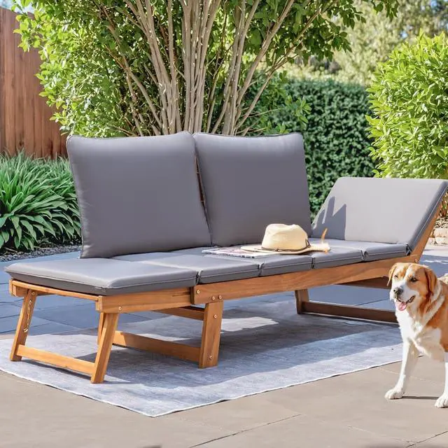 Alt view image 5 of 7 - Outdoor Couch Acacia Wood Patio Couch with Adjustable Armrests, Outdoor Convertible Sofa with Removable Cushions & Pillows for Patio, Porch, Poolside(Grey)