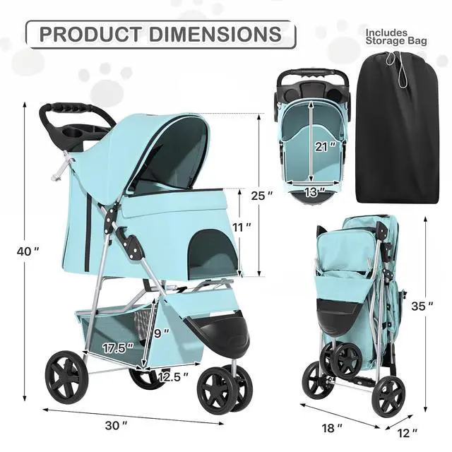 Alt view image 3 of 7 - 3 Wheels Pet Dog Cat Stroller for Small Medium Dogs Cats, Lightweight Foldable Jogger Stroller w/Storage Basket and Cup Holder, Mint Green