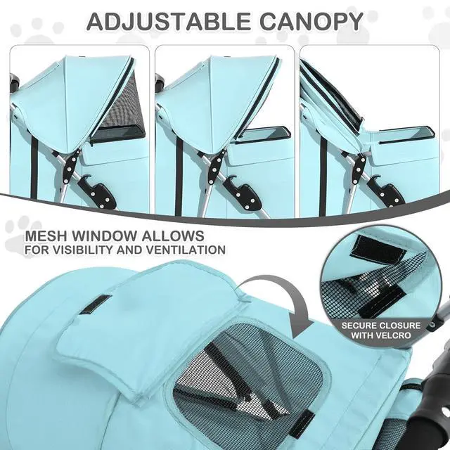 Alt view image 4 of 7 - 3 Wheels Pet Dog Cat Stroller for Small Medium Dogs Cats, Lightweight Foldable Jogger Stroller w/Storage Basket and Cup Holder, Mint Green
