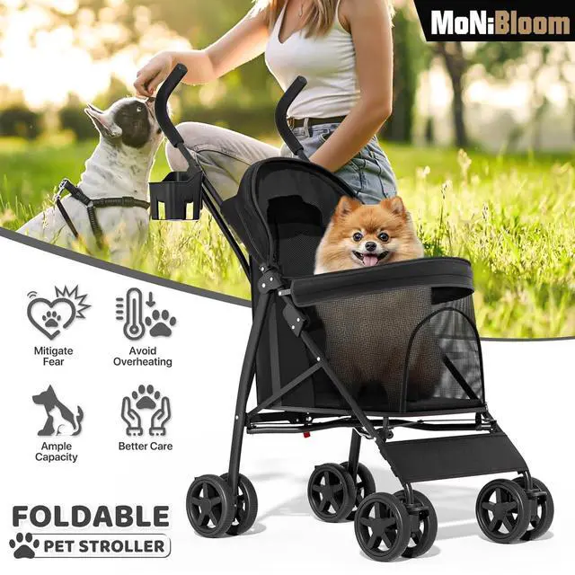 Alt view image 2 of 7 - 4 Wheels Pet Stroller, Easy-Fold Puppy Cage Jogger Stroller with Sun Cover, Pad and Rear Storage Bag, Breathable and Visible Mesh for Small/Medium Pets up to 22 lbs, Black