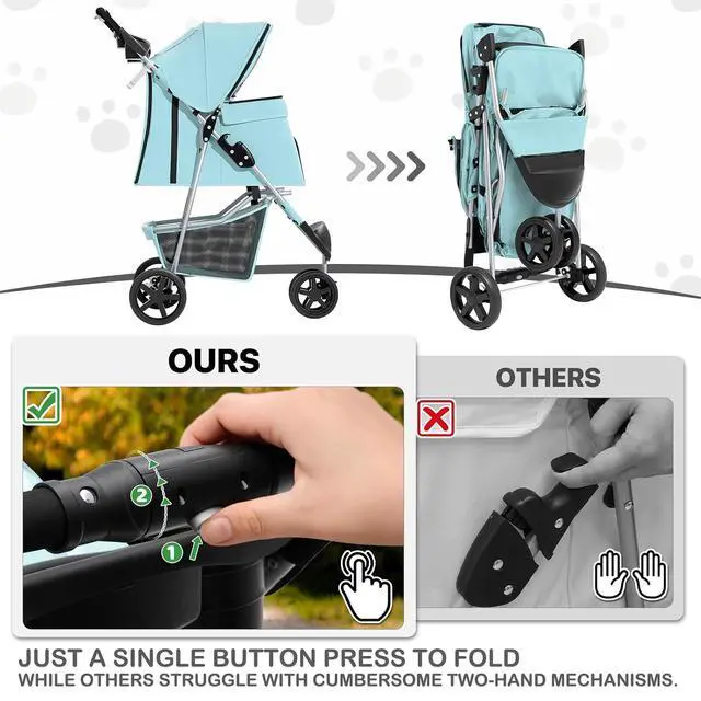 Alt view image 6 of 7 - 3 Wheels Pet Dog Cat Stroller for Small Medium Dogs Cats, Lightweight Foldable Jogger Stroller w/Storage Basket and Cup Holder, Mint Green