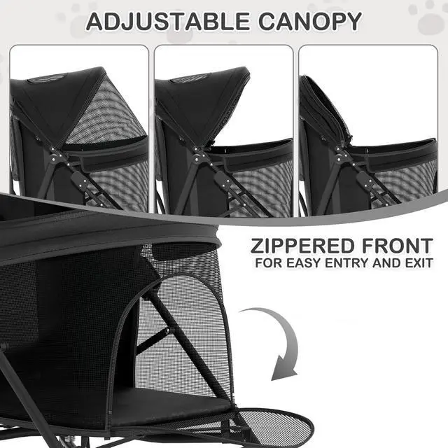 Alt view image 3 of 7 - 4 Wheels Pet Stroller, Easy-Fold Puppy Cage Jogger Stroller with Sun Cover, Pad and Rear Storage Bag, Breathable and Visible Mesh for Small/Medium Pets up to 22 lbs, Black
