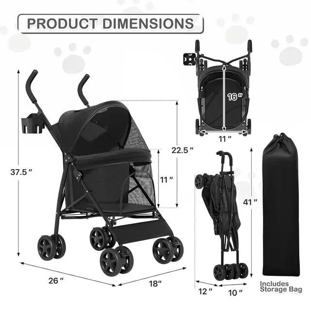 Alt view image 4 of 7 - 4 Wheels Pet Stroller, Easy-Fold Puppy Cage Jogger Stroller with Sun Cover, Pad and Rear Storage Bag, Breathable and Visible Mesh for Small/Medium Pets up to 22 lbs, Black