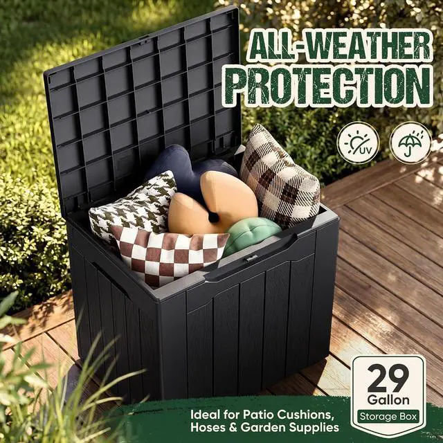 Alt view image 7 of 7 - 29 Gallon Waterproof Outdoor Storage Box Resin Deck Box Lockable and UV Resistant for Patio Furniture, Garden Tools (Black, 29 Gallon)