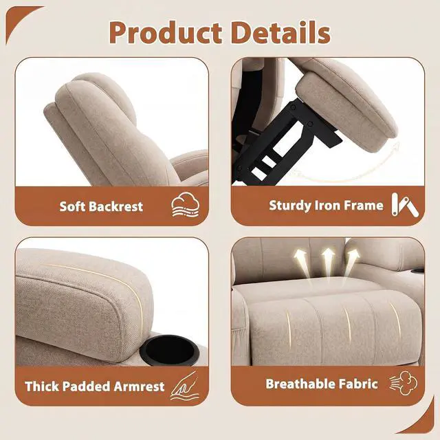 Alt view image 6 of 7 - Swivel Rocker Recliner Chair with Vibration Massage, 360° Swivel Recliner Chairs for Adults Ergonomic Lounge Chair with Cup Holders Lazy Boy Recliner Single Sofa Seat (Fabric, Khaki)
