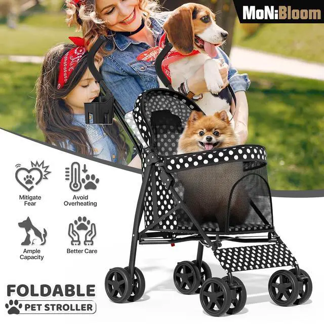 Alt view image 2 of 7 - 4 Wheels Pet Stroller, Easy-Fold Umbrella Shaped Dog Cat Jogger Stroller w/Storage Bag & Visible Mesh for Small/Medium Dogs Cats Black Polka Dots