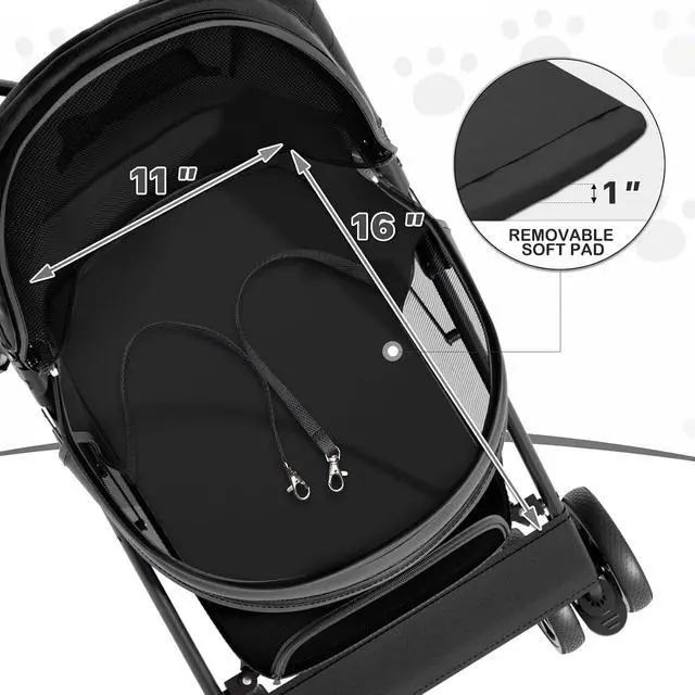 Alt view image 6 of 7 - 4 Wheels Pet Stroller, Easy-Fold Puppy Cage Jogger Stroller with Sun Cover, Pad and Rear Storage Bag, Breathable and Visible Mesh for Small/Medium Pets up to 22 lbs, Black