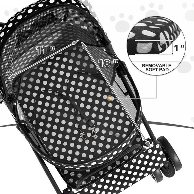 Alt view image 7 of 7 - 4 Wheels Pet Stroller, Easy-Fold Umbrella Shaped Dog Cat Jogger Stroller w/Storage Bag & Visible Mesh for Small/Medium Dogs Cats Black Polka Dots