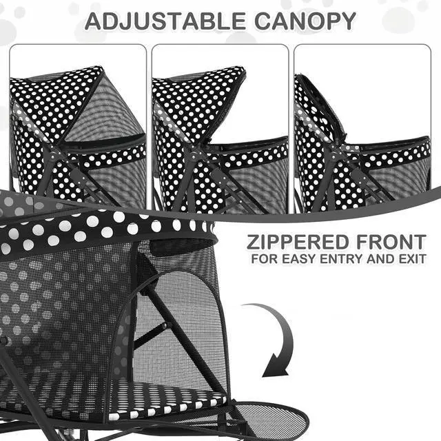 Alt view image 5 of 7 - 4 Wheels Pet Stroller, Easy-Fold Umbrella Shaped Dog Cat Jogger Stroller w/Storage Bag & Visible Mesh for Small/Medium Dogs Cats Black Polka Dots