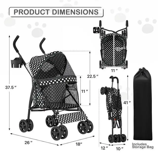 Alt view image 3 of 7 - 4 Wheels Pet Stroller, Easy-Fold Umbrella Shaped Dog Cat Jogger Stroller w/Storage Bag & Visible Mesh for Small/Medium Dogs Cats Black Polka Dots