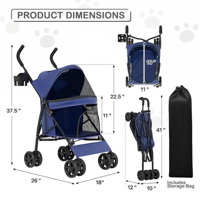 Alt view image 2 of 7 - 4 Wheels Pet Stroller, Easy-Fold Puppy Cage Jogger Stroller with Sun Cover, Pad and Rear Storage Bag, Breathable and Visible Mesh for Small/Medium Pets up to 22 lbs, Navy Blue
