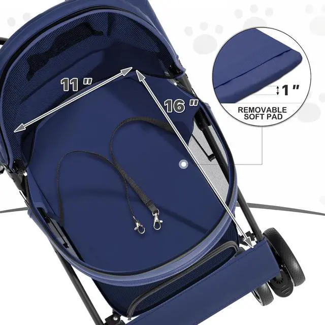 Alt view image 4 of 7 - 4 Wheels Pet Stroller, Easy-Fold Puppy Cage Jogger Stroller with Sun Cover, Pad and Rear Storage Bag, Breathable and Visible Mesh for Small/Medium Pets up to 22 lbs, Navy Blue
