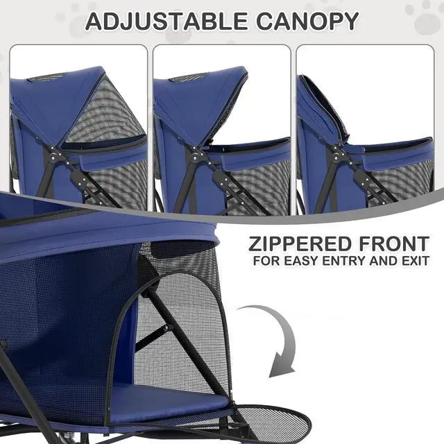 Alt view image 3 of 7 - 4 Wheels Pet Stroller, Easy-Fold Puppy Cage Jogger Stroller with Sun Cover, Pad and Rear Storage Bag, Breathable and Visible Mesh for Small/Medium Pets up to 22 lbs, Navy Blue