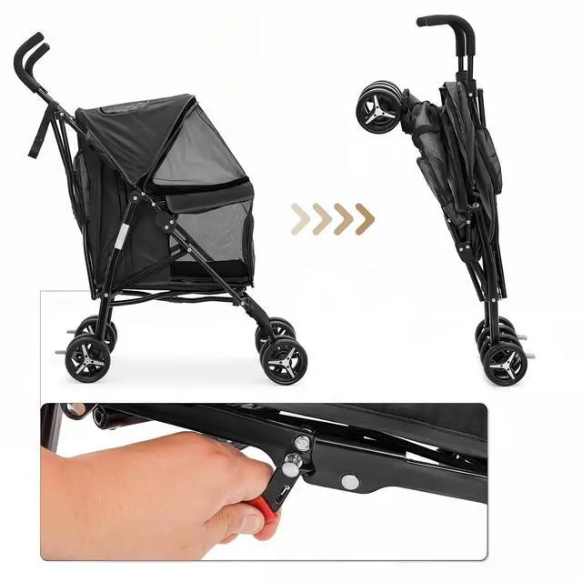 Alt view image 7 of 7 - 4 Wheels Pet Stroller, Easy-Fold Puppy Cage Jogger Stroller with Sun Cover, Pad and Rear Storage Bag, Breathable and Visible Mesh for Small/Medium Pets up to 22 lbs, Black