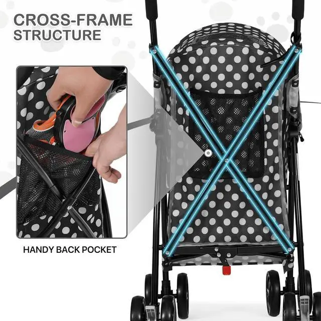 Alt view image 4 of 7 - 4 Wheels Pet Stroller, Easy-Fold Umbrella Shaped Dog Cat Jogger Stroller w/Storage Bag & Visible Mesh for Small/Medium Dogs Cats Black Polka Dots