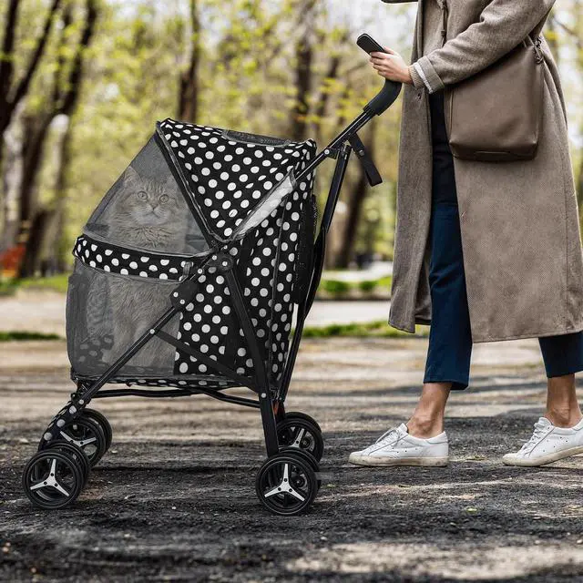 Alt view image 6 of 7 - 4 Wheels Pet Stroller, Easy-Fold Umbrella Shaped Dog Cat Jogger Stroller w/Storage Bag & Visible Mesh for Small/Medium Dogs Cats Black Polka Dots