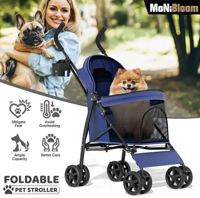 Alt view image 5 of 7 - 4 Wheels Pet Stroller, Easy-Fold Puppy Cage Jogger Stroller with Sun Cover, Pad and Rear Storage Bag, Breathable and Visible Mesh for Small/Medium Pets up to 22 lbs, Navy Blue
