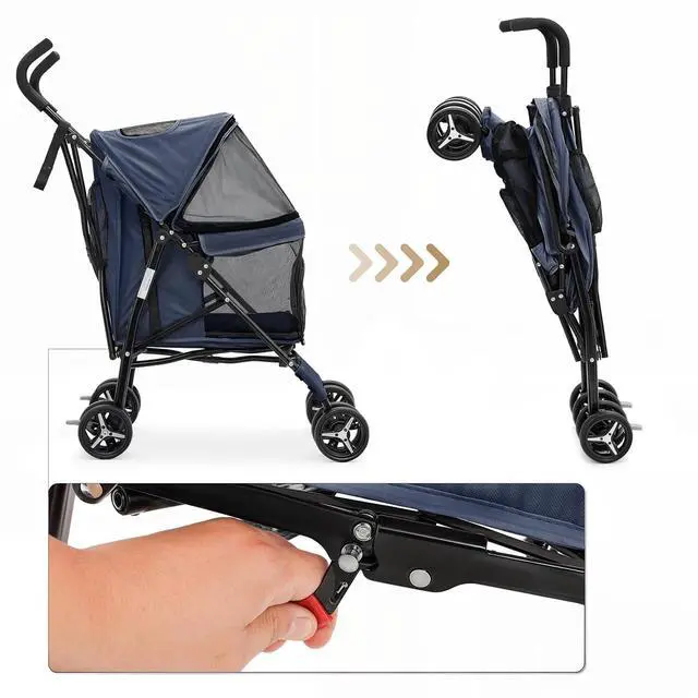 Alt view image 6 of 7 - 4 Wheels Pet Stroller, Easy-Fold Puppy Cage Jogger Stroller with Sun Cover, Pad and Rear Storage Bag, Breathable and Visible Mesh for Small/Medium Pets up to 22 lbs, Navy Blue