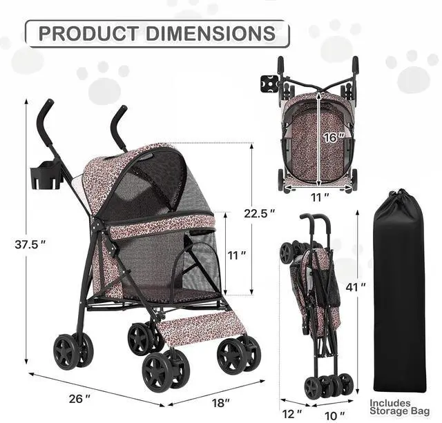 Alt view image 3 of 7 - 4 Wheels Pet Stroller, Easy-Fold Umbrella Shaped Dog Cat Jogger Stroller w/Storage Bag & Visible Mesh for Small/Medium Dogs Cats Leopard Print
