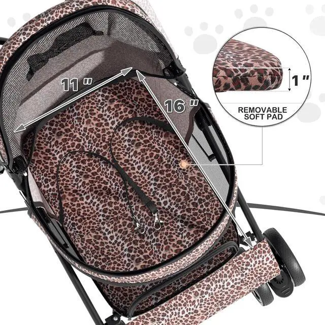 Alt view image 4 of 7 - 4 Wheels Pet Stroller, Easy-Fold Umbrella Shaped Dog Cat Jogger Stroller w/Storage Bag & Visible Mesh for Small/Medium Dogs Cats Leopard Print
