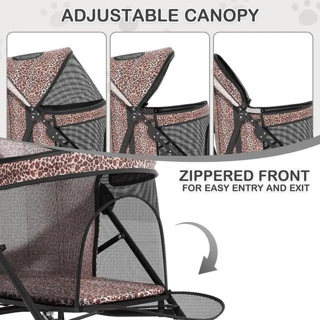 Alt view image 5 of 7 - 4 Wheels Pet Stroller, Easy-Fold Umbrella Shaped Dog Cat Jogger Stroller w/Storage Bag & Visible Mesh for Small/Medium Dogs Cats Leopard Print