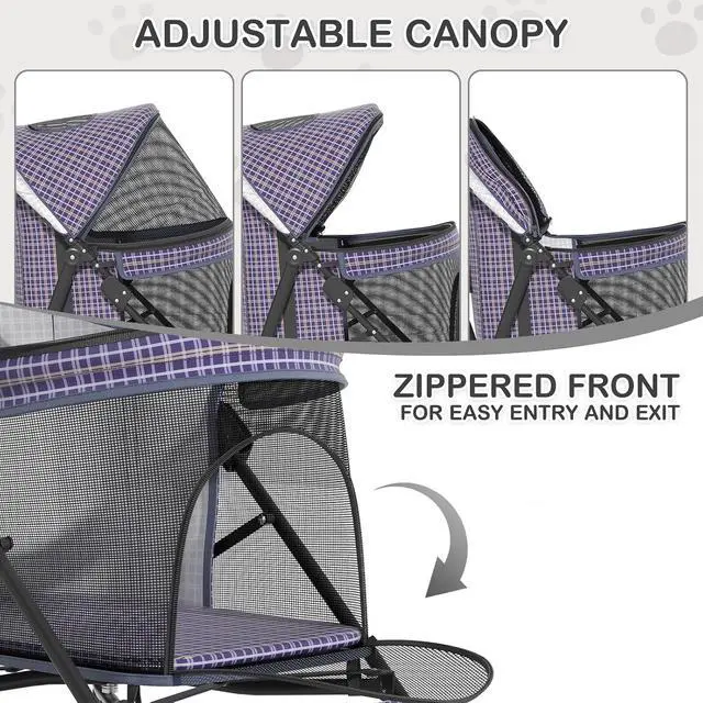 Alt view image 3 of 7 - 4 Wheels Pet Stroller, Easy-Fold Umbrella Shaped Dog Cat Jogger Stroller w/Storage Bag & Visible Mesh for Small/Medium Dogs Cats Plaid